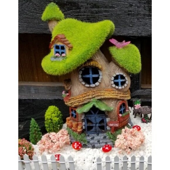 Flocked Mushroom Fairy Garden House with Solar Light, Funny Statue Sculptures - Picture 1 of 1